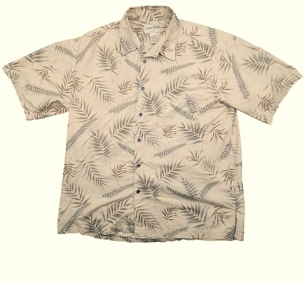 Cooke Street Honolulu Mens XL Tan Brown Palm Leaf Cotton Hawaiian Aloha Shirt